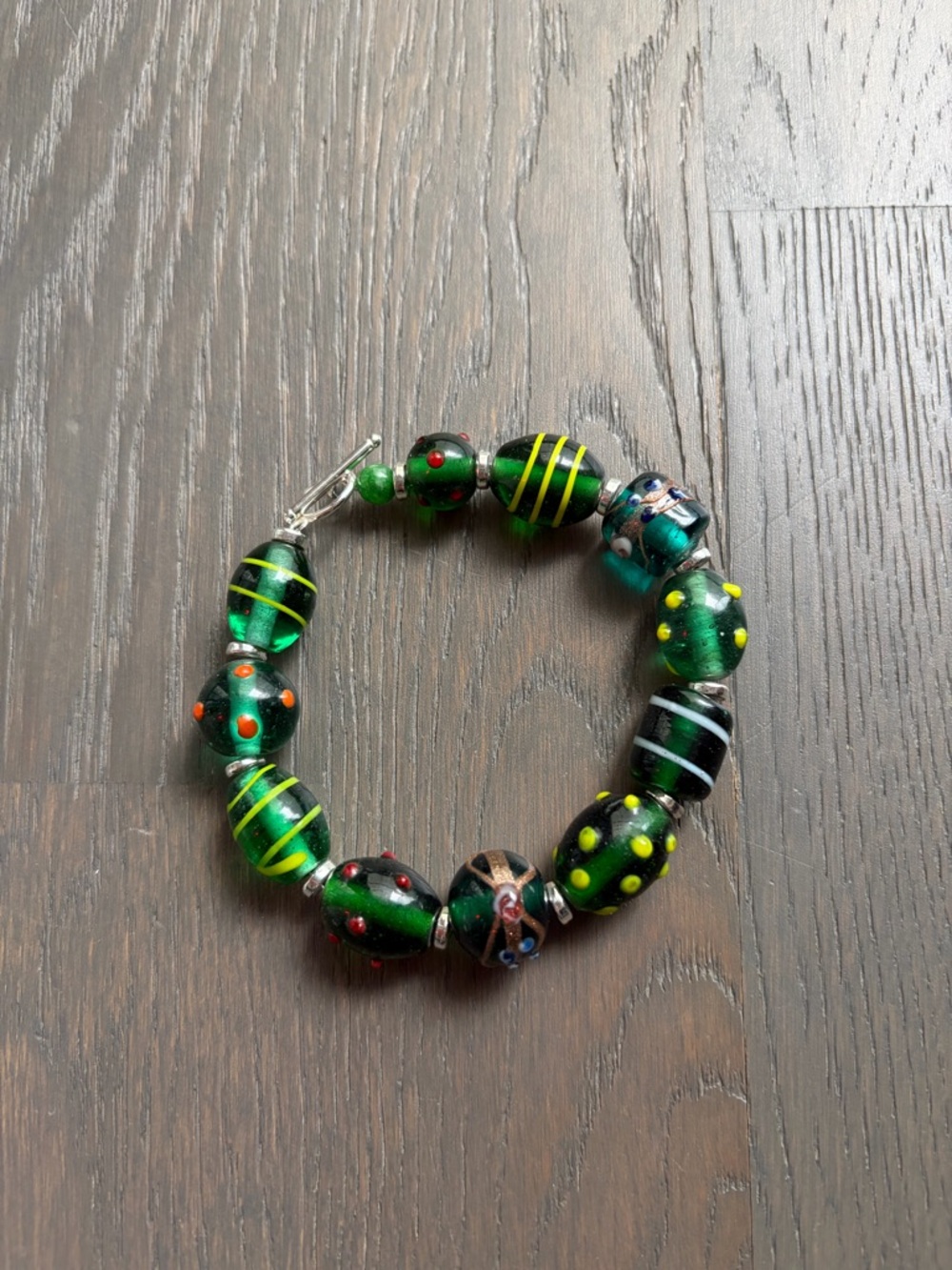 Green glass murano bead bracelet made by urs truly :)
